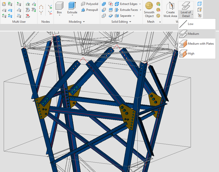 Advance Steel work area with 3D metal structure, medium level of detail