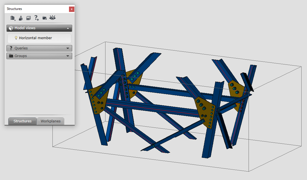 Advance Steel work area with 3D metal structure, external objects visibility off