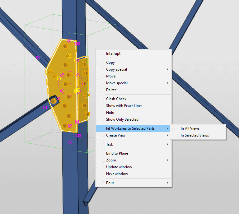Tekla work area with 3D metal structure