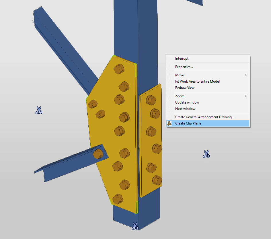 Tekla work area with 3D metal structure created by using clip planes