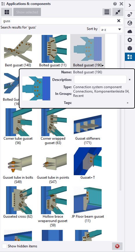 Tekla applications and components window